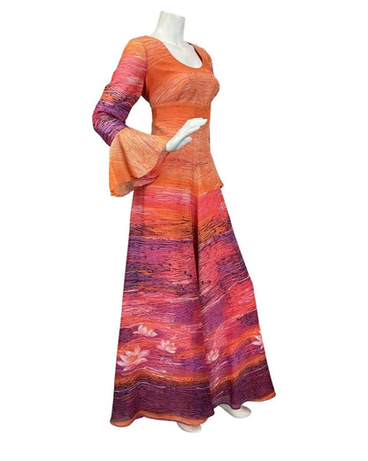 VINTAGE 60s 70s ORANGE PURPLE PINK STRIPED WATERLILY MAXI DRESS 12 14