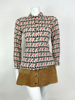 VTG 60s 70s CREAM BLACK RED STRIPED GEOMETRIC MOD DAGGER SHIRT BLOUSE TOP 10 12