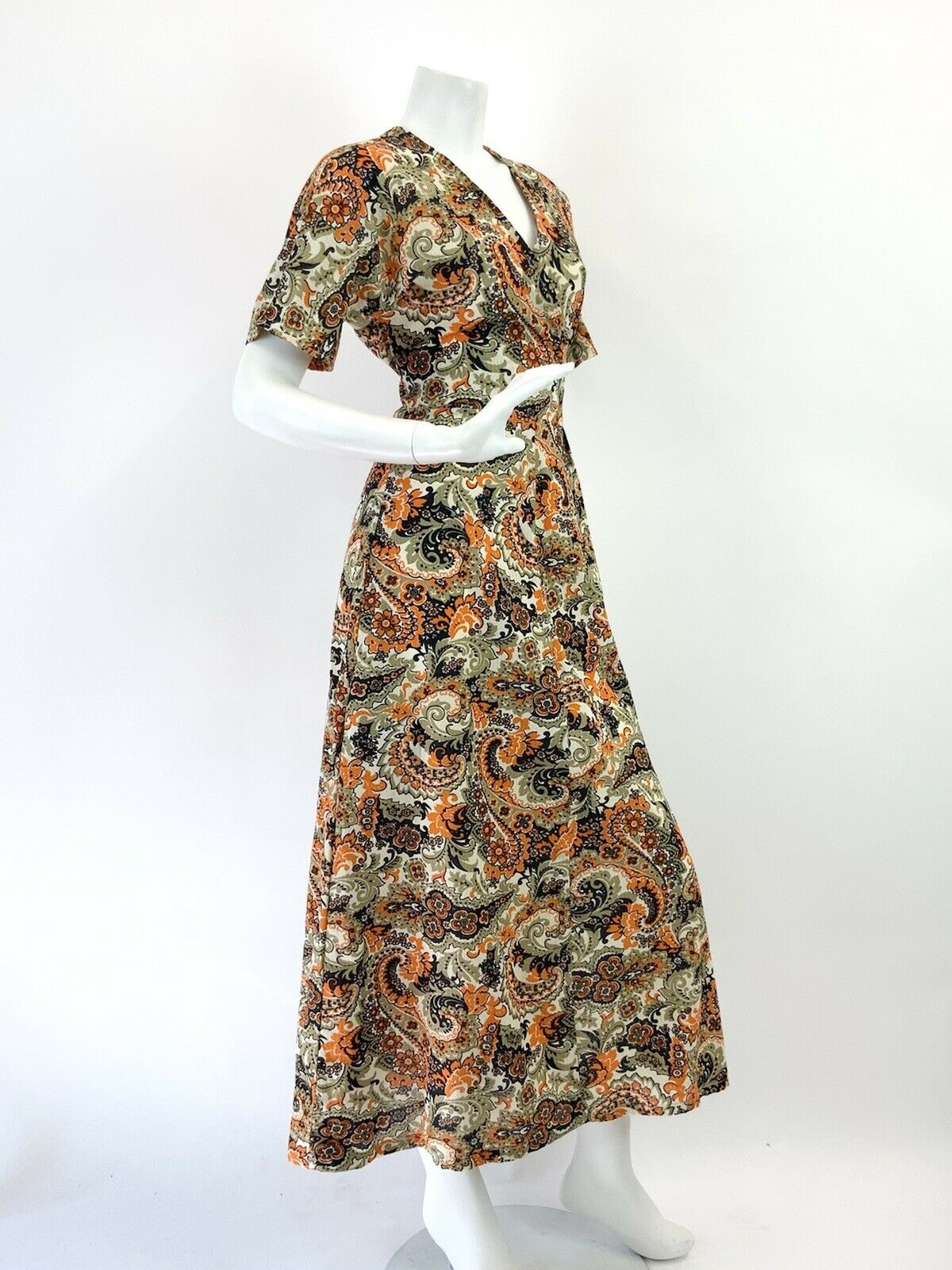 VTG 60s 70s BEIGE BLUE ORANGE PSYCHEDELIC FLORAL PAISLEY WRAP MAXI DRESS 10 12