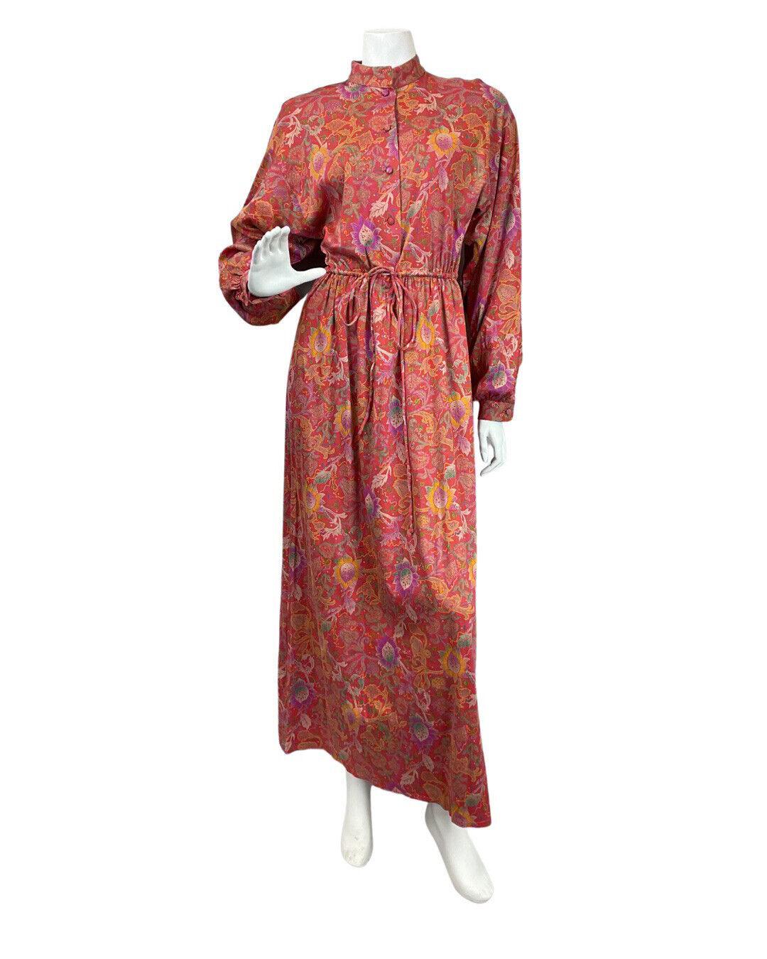 VINTAGE 70s RED PURPLE GREEN FLORAL PAISLEY BOHO LONGSLEEVE MAXI DRESS 10 12