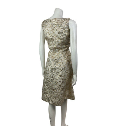 VINTAGE 60s 70s METALLIC GOLD SILVER CREAM LUREX FLORAL PARTY GLAM TEA DRESS 14