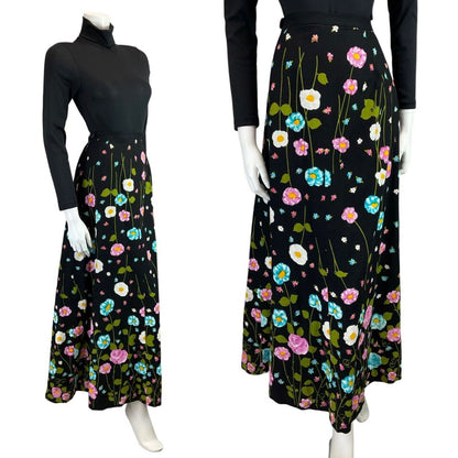 VINTAGE 60s 70s BLACK PINK BLUE FLORAL MOD DAISY ROSE MAXI SKIRT 8 10