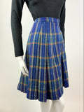 VINTAGE 60s 70s BLUE YELLOW RED PLAID CHECKED MOD KNEE-LENGTH PLEATED SKIRT 8 10