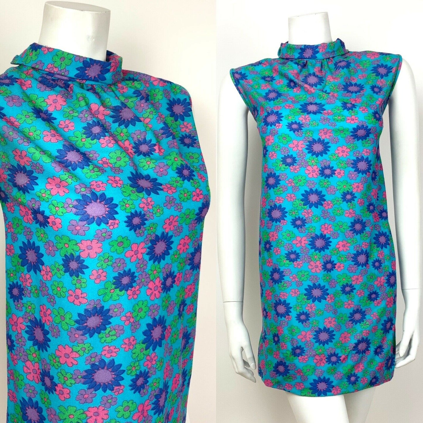 VTG 60s 70s BLUE PINK GREEN PURPLE FLORAL PSYCHEDELIC SWING TENT DRESS 10