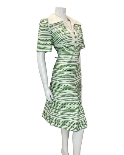 VINTAGE 60s 70s APPLE GREEN WHITE STRIPED MOD WING COLLAR SHIRT DRESS 14 16