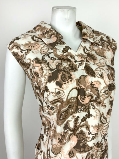 VTG 60s 70s WHITE BEIGE BROWN PINK FLORAL PAISLEY SLEEVELESS SHIFT DRESS 16 18