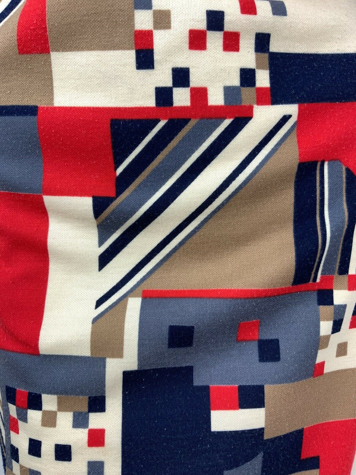 VINTAGE 60s 70s CREAM RED BLUE BROWN GEOMETRIC MOD DAGGER SHIFT DRESS 10 12