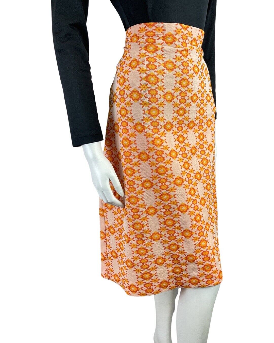 VINTAGE 60s 70s ORANGE WHITE FLOWER POWER DAISY MOD MIDI KNEE-LENGTH SKIRT 8 10