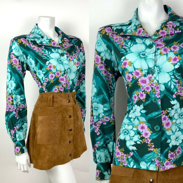 VINTAGE 60s 70s GREEN PURPLE GOLD FLORAL BLOSSOM DAGGER WING SHIRT BLOUSE 14 16