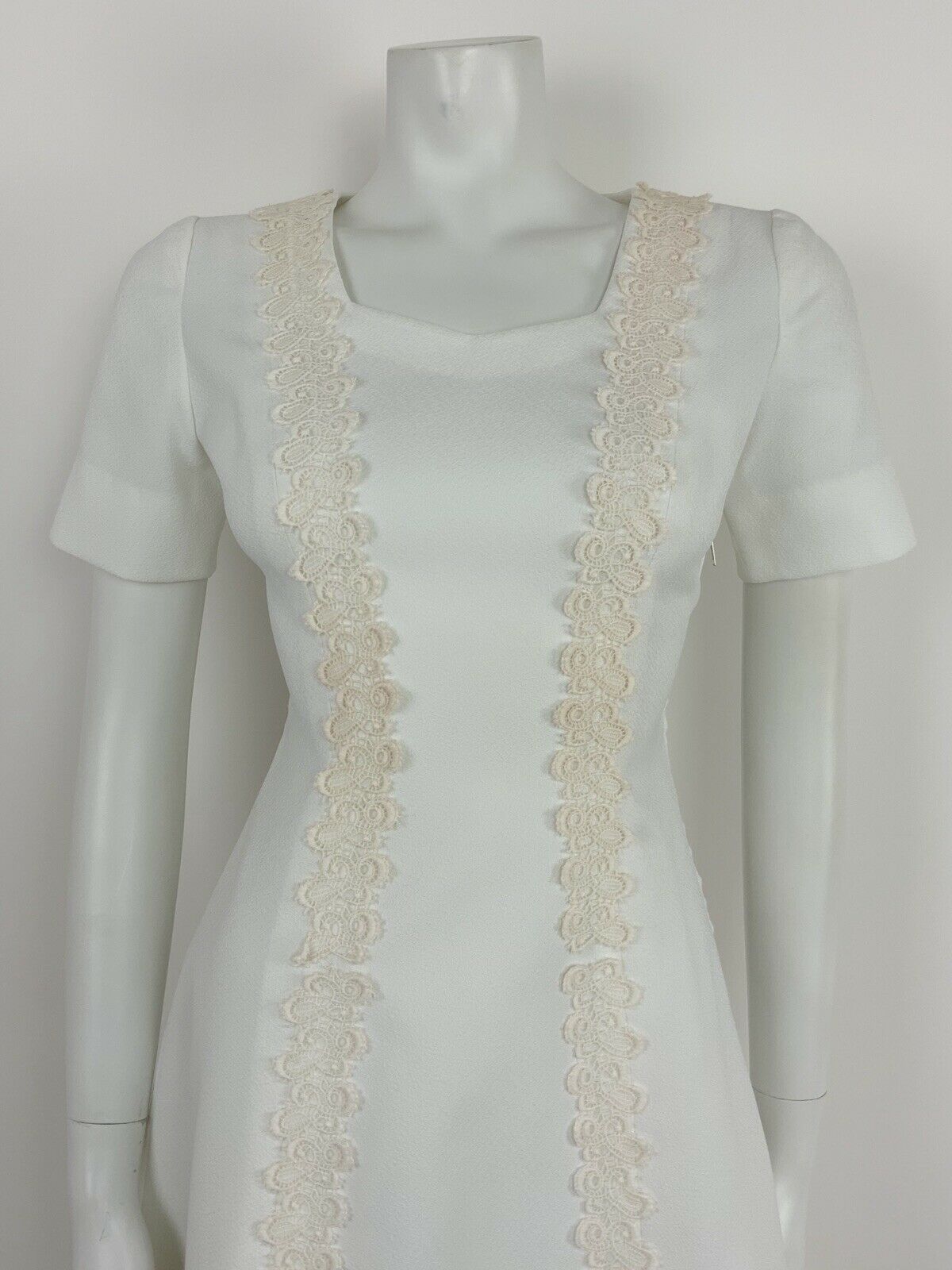 VINTAGE 60s 70s WHITE IVORY BRODERIE ANGLAISE LACE PRINCESS LINE DRESS 8 10