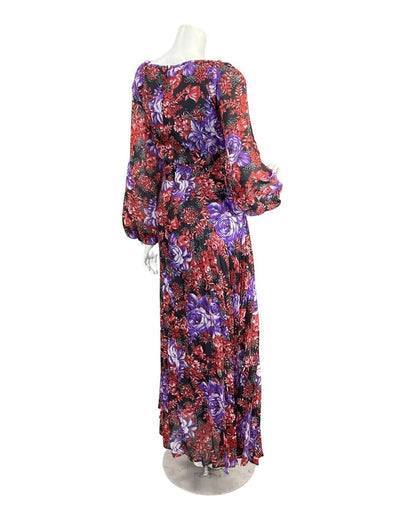 VINTAGE 60s 70s RED PURPLE BLACK PSYCHEDELIC FLORAL PLEATED BOHO MAXI DRESS 16