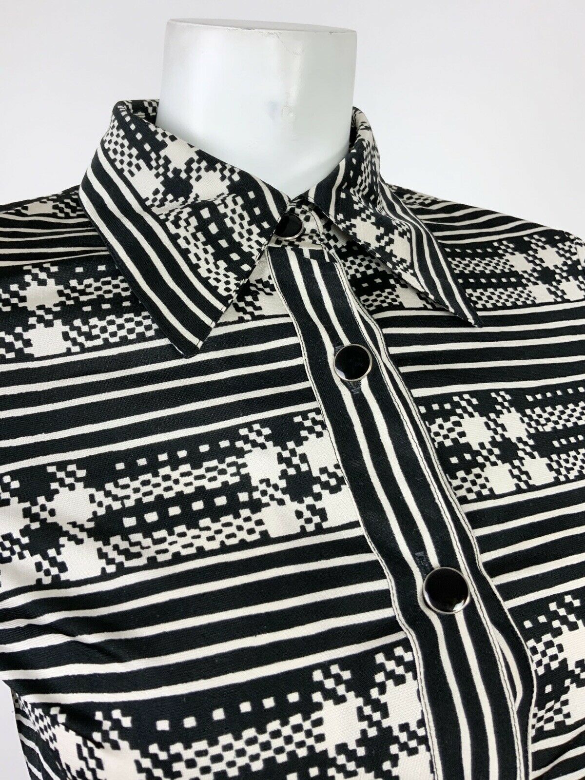 VINTAGE 60s 70s BLACK WHITE STRIPED CHECKERBOARD GEOMETRIC MOD HIPPY SHIRT 8 10