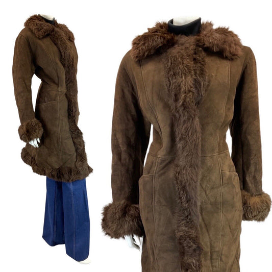 VINTAGE 60s 70s DARK BROWN BOHO SUEDE LEATHER DAGGER COLLAR SHEARLING COAT 14 16