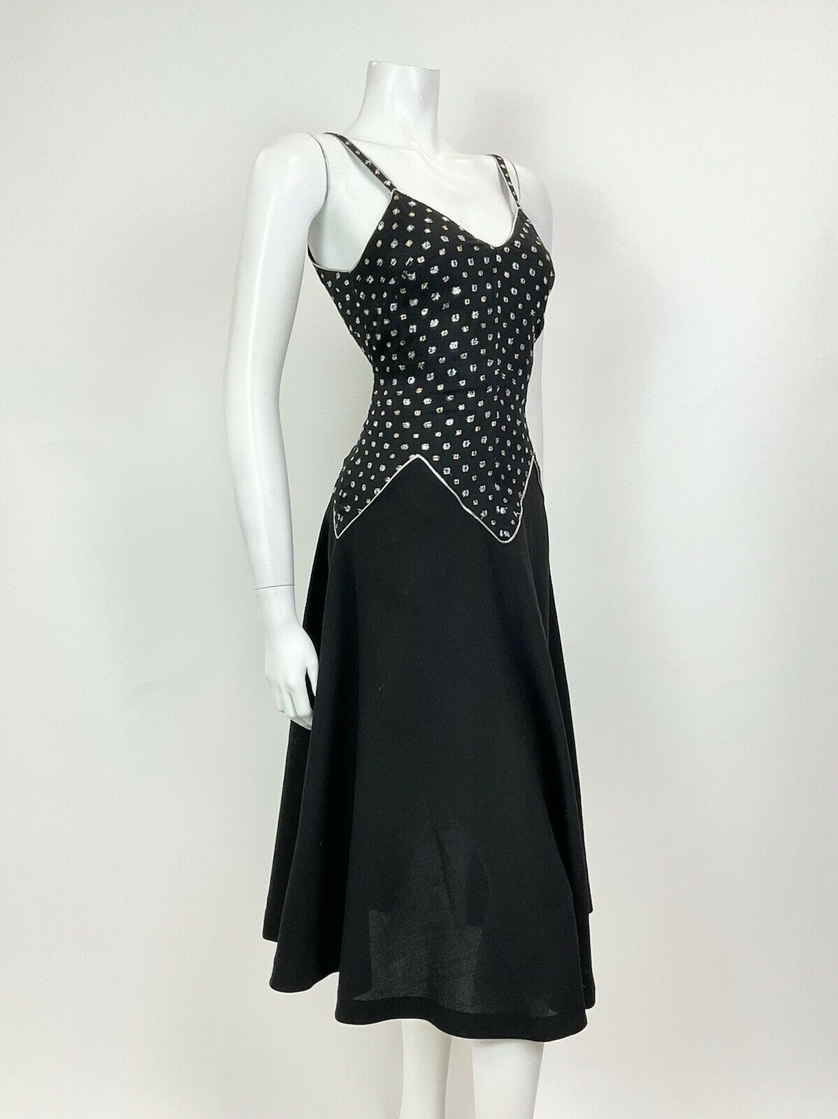 VINTAGE 60s 70s BLACK SILVER GOLD DOTTY DISCO STUDIO 54 STRAPPY SWING DRESS 10