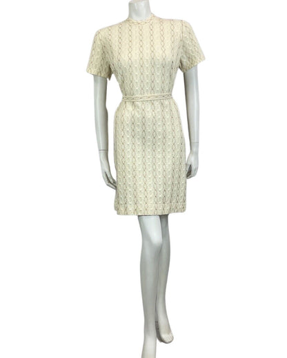 VINTAGE 60s 70s CREAM GOLD TEXTURED MOD MINI PARTY CHRISTMAS EVENING DRESS 14