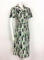 VINTAGE 70s SHIRT DRESS ABSTRACT GEOMETRIC GREEN BLACK WHITE 12 14