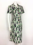 VINTAGE 70s SHIRT DRESS ABSTRACT GEOMETRIC GREEN BLACK WHITE 12 14