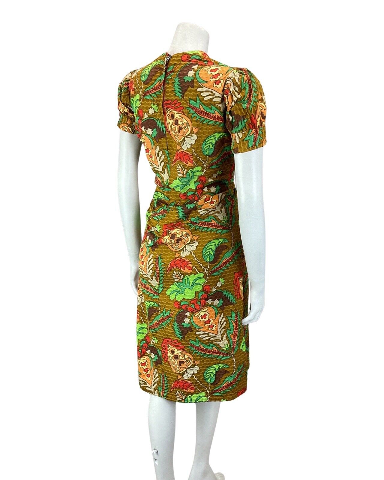 VINTAGE 60s 70s BROWN RED GREEN TROPICAL FLORAL MOD PUFF SLEEVE SHORT DRESS 10