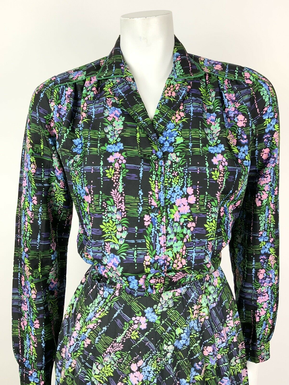 VTG 60s 70s BLACK BLUE PINK GREEN FLORAL PSYCHEDELIC PLEATED SHIRT DRESS 10 12