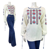 VINTAGE 60s 70s WHITE BLUE RED CROSS-STITCH EMBROIDERED FOLK BOHO BLOUSE 10 12