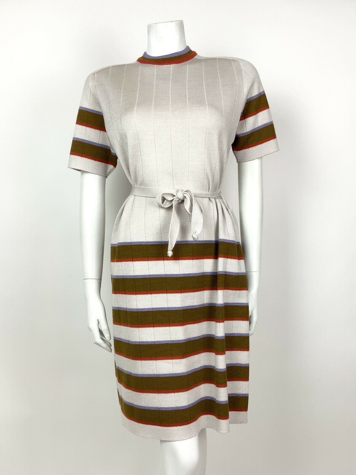 VINTAGE 60s 70s MOD SILVER BROWN PURPLE RED STRIPED BELTED DRESS 14 16