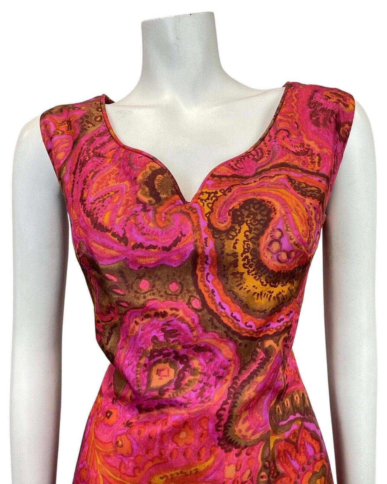 VINTAGE 60s 70s PINK PURPLE ORANGE PSYCHEDELIC FLORAL PAISLEY WIGGLE DRESS 12 14