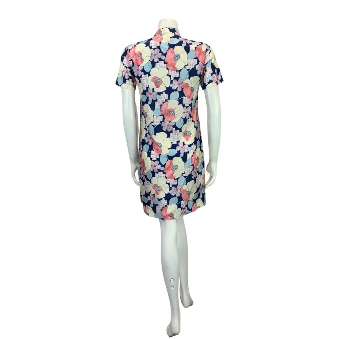 VINTAGE 60s 70s NAVY BLUE RED LILAC FLORAL PRINT BUTTON DOWN MIDI DRESS 10