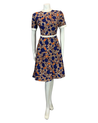 VINTAGE 60s 70s BLUE ORANGE WHITE BOLD PATTERNED MOD DRESS 10