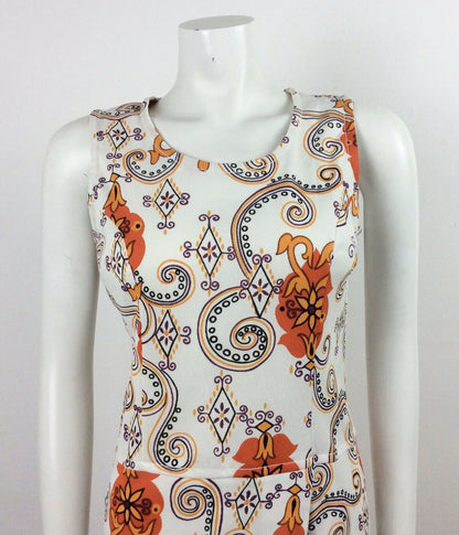 VINTAGE 60S WHITE ORANGE PURPLE YELLOW PAISLEY MINI DRESS 12