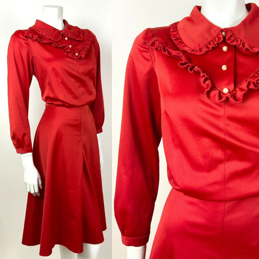 VINTAGE 60s 70s PILLARBOX RED PEARL DOG EAR COLLAR RUFFLED WESTRN DRESS 10 12