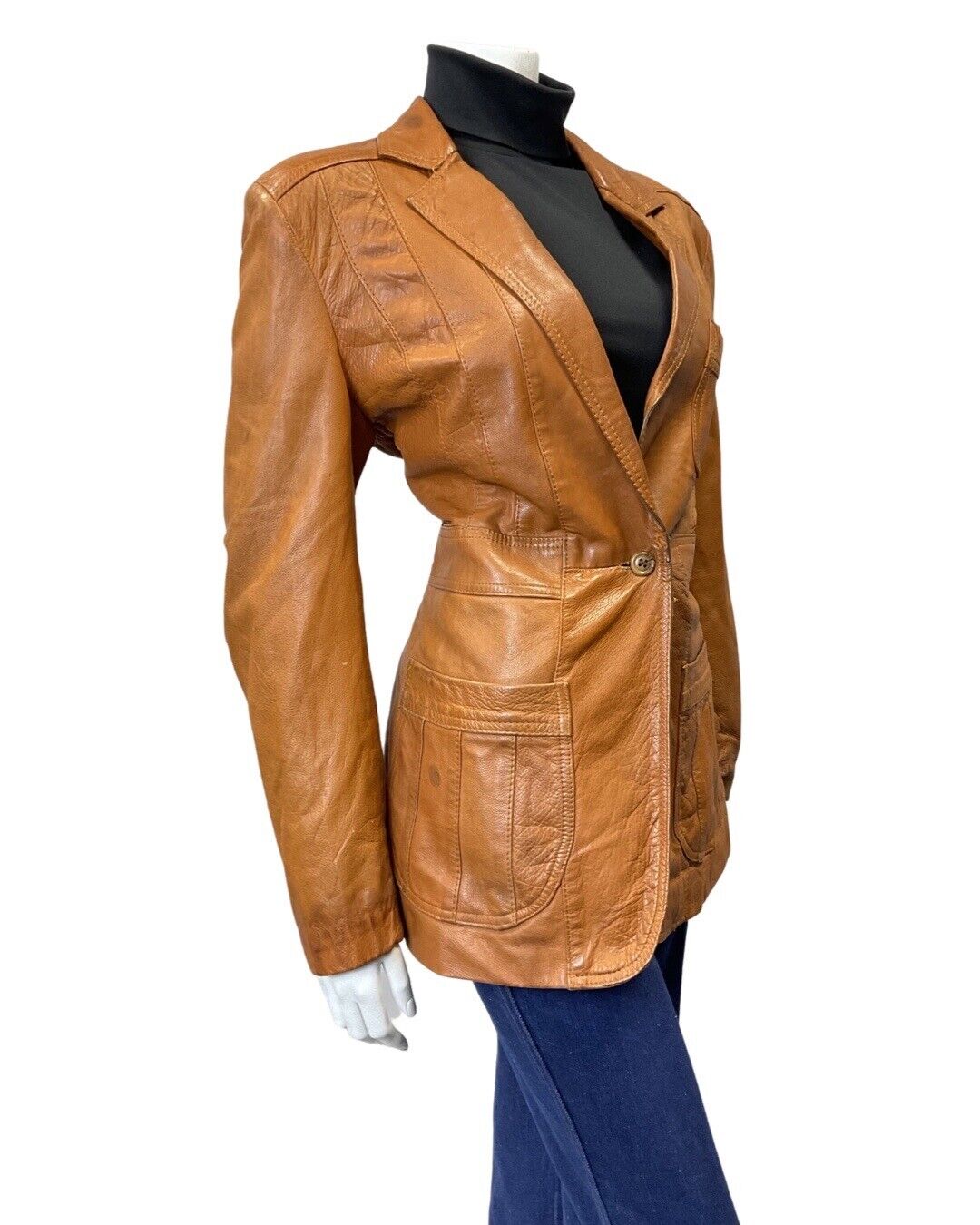 VINTAGE 60s 70s TAN BROWN MOD SOFT LEATHER BLAZER JACKET 14