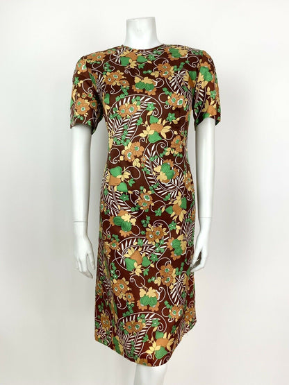 VINTAGE 60s 70s BROWN GREEN WHITE CREAM PAISLEY LEAF FLORAL SHIFT DRESS 12 14