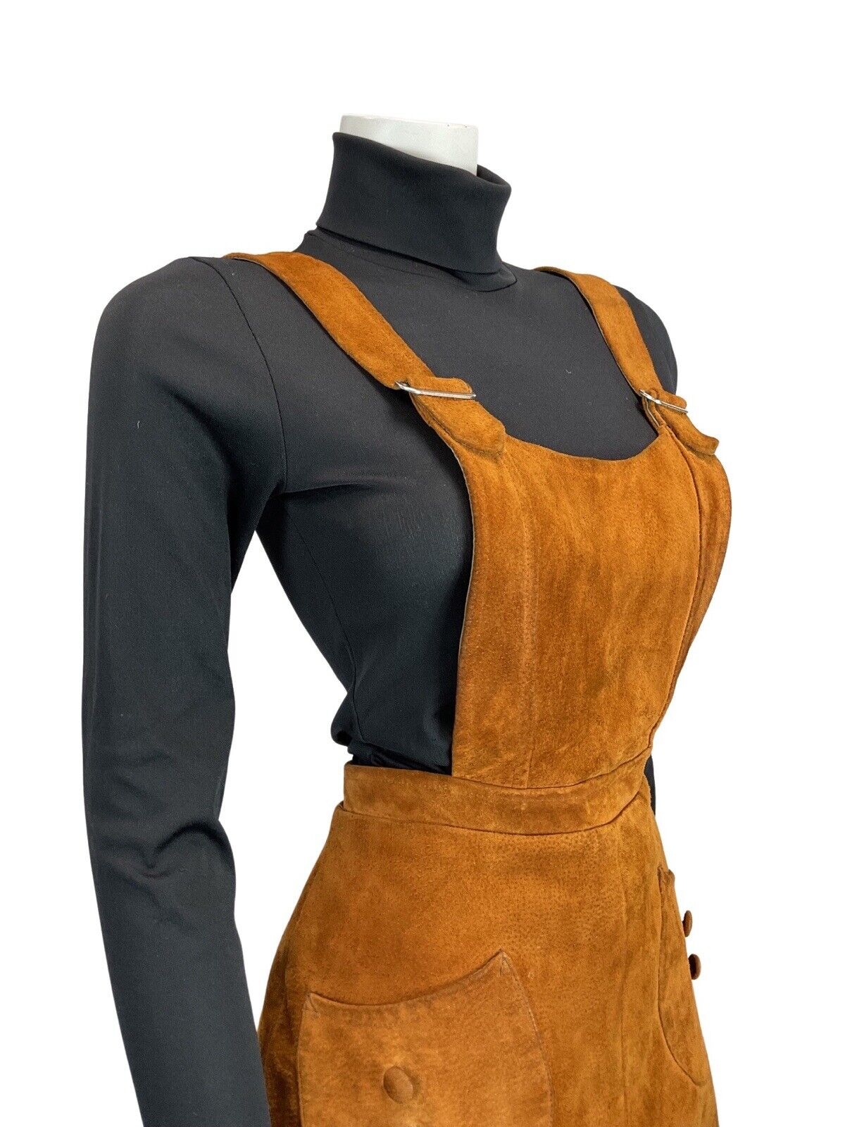 VINTAGE 60s 70s BROWN SUEDE PINAFORE BOHO MOD APRON DRESS 12