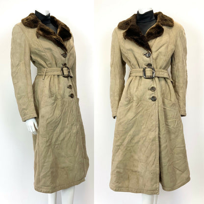 VTG 60s 70s SAND BEIGE BROWN SUEDE SHEARLING BELTED MOD PRINCESS COAT 14 16