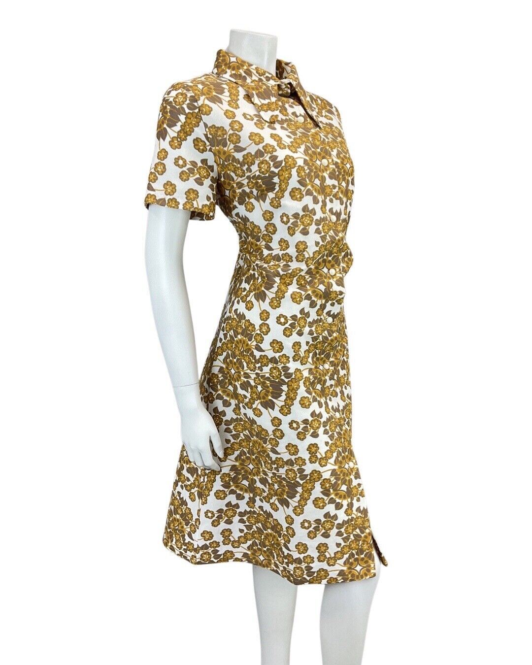 VINTAGE 60s 70s BROWN GOLD WHITE FLORAL LEAFY SPOON COLLAR MOD SHIRT DRESS 14 16