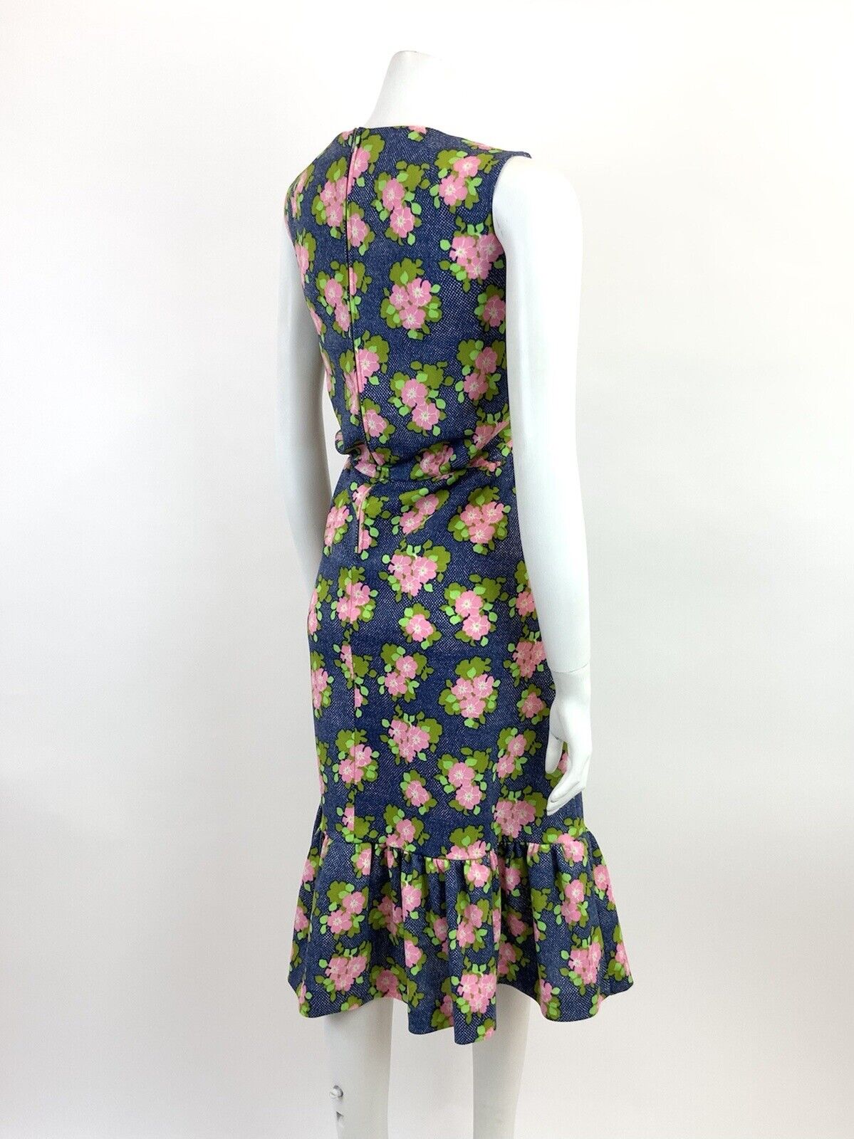 VINTAGE 60s 70s BLUE WHITE PINK CHECKERBOARD FLORAL SLEEVELESS RUFFLED DRESS 16