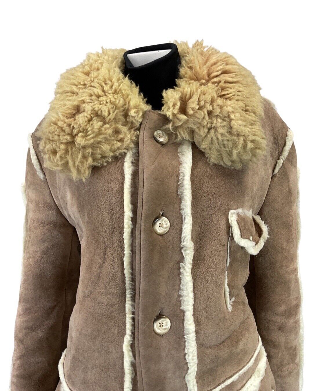 VINTAGE 60s 70s SOFT BROWN SUEDE LEATHER BOHO MOD SHEEPSKIN SHEARLING COAT 14 16