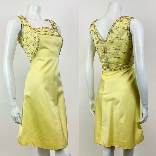 VINTAGE 60s 70s PALE YELLOW GREY BEADED SEQUIN FLORAL PARTY SLEEVELESS DRESS 10