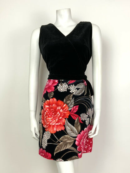 VINTAGE 60s 70s BLACK PINK RED GREY FLORAL VELVET PARTY SHORT DRESS 12 14