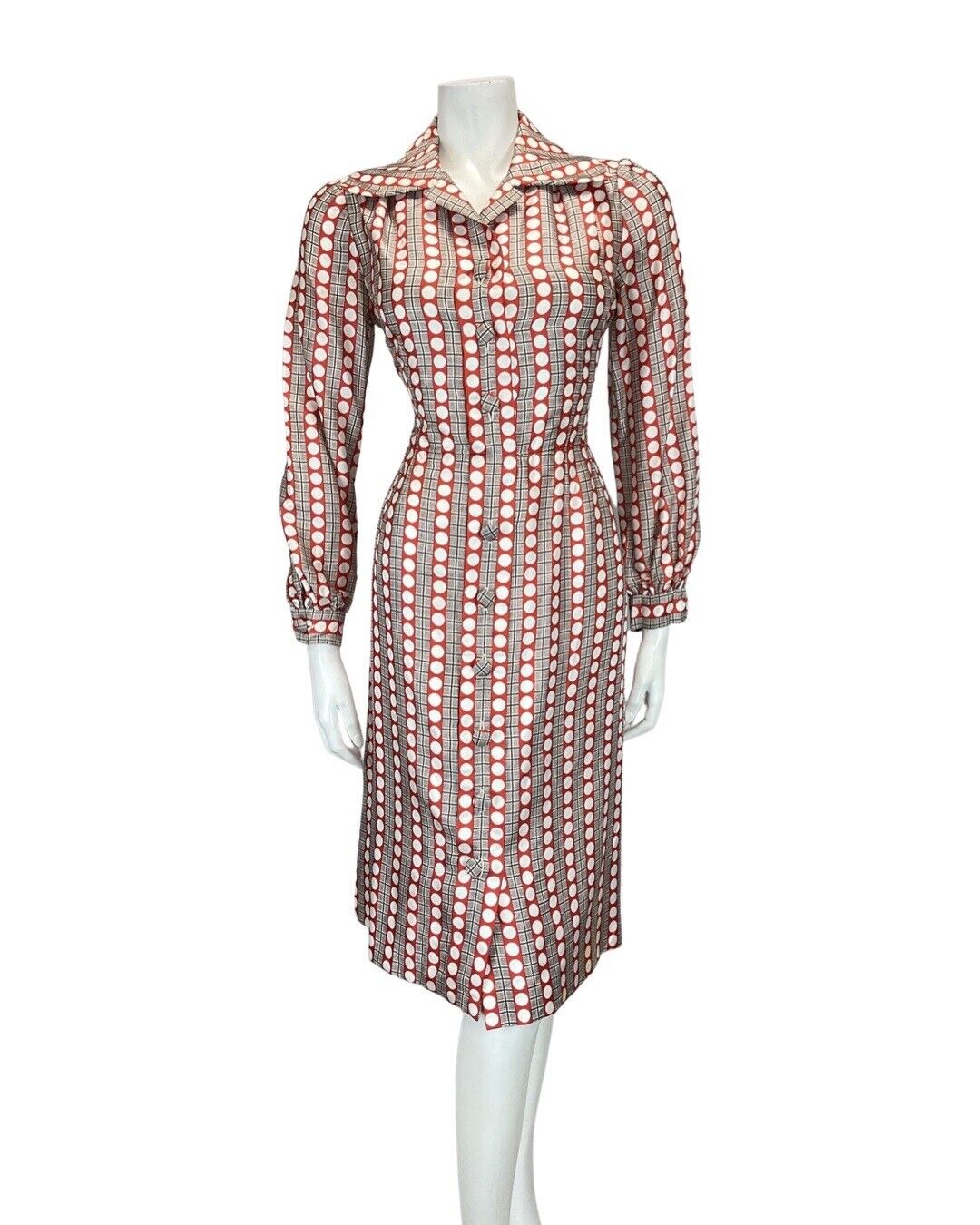 VINTAGE 60s 70sRED WHITE BROWN GRID CHECKED DOTTY MOD SHIRT DRESS 10