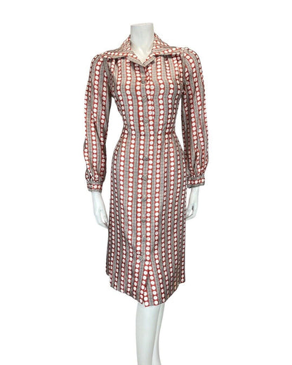 VINTAGE 60s 70sRED WHITE BROWN GRID CHECKED DOTTY MOD SHIRT DRESS 10