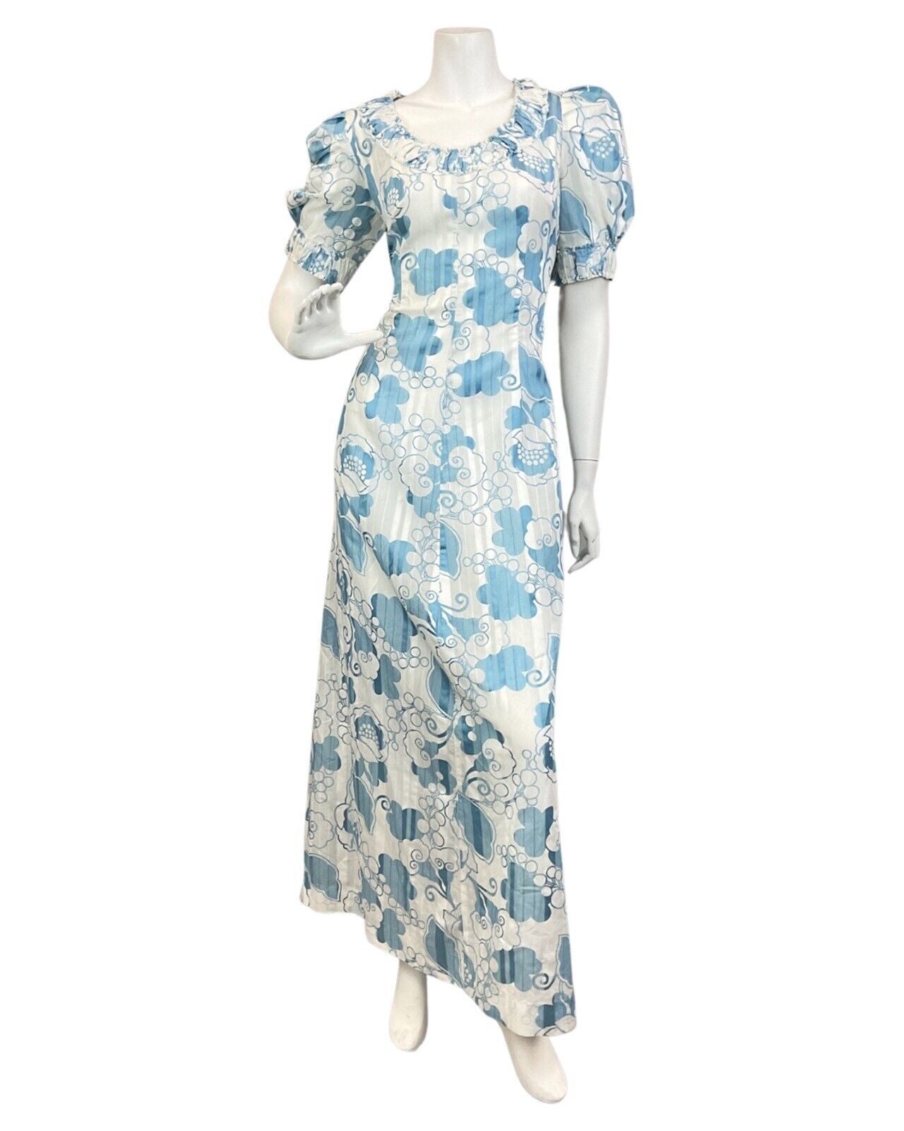 VINTAGE 60s 70s WHITE BLUE FLORAL SWIRLY MOD STRIPED SHEER MAXI DRESS 12