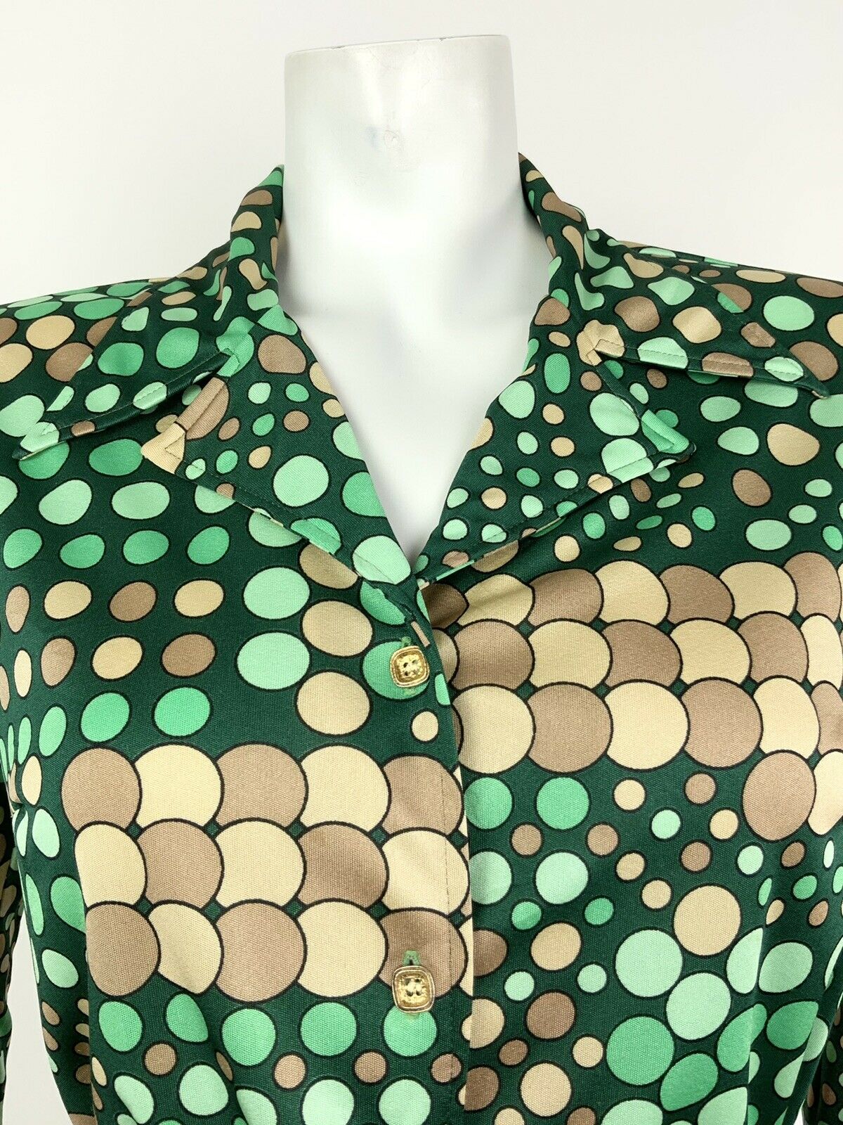 VINTAGE 60s 70s GREEN BEIGE GOLD CIRCLE SPOTTY DAGGER SHIRT 12 14 16