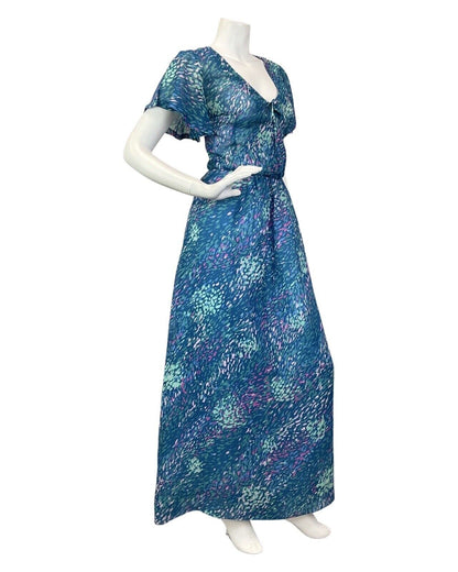 VINTAGE 60s 70s BLUE PINK GREEN ABSTRACT DASH SHEER BOHO MAXI DRESS 10