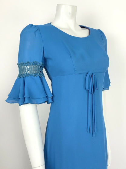 VINTAGE 60s 70s BLUE EMPIRE LINE FLOUNCE CROCHET LACE SLEEVE MAXI DRESS 10