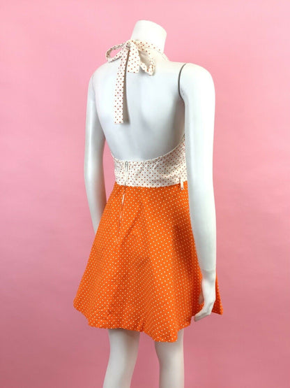 VINTAGE 60s 70s WHITE ORANGE POLKA-DOT MOD HALTER MINI SUMMER DRESS 6 8