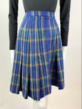 VINTAGE 60s 70s BLUE YELLOW RED PLAID CHECKED MOD KNEE-LENGTH PLEATED SKIRT 8 10