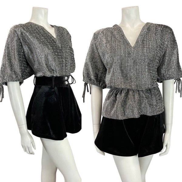 VINTAGE 60s 70s SILVER DISCO PARTY LUREX BLOUSE SHORT SLEEVE BLOUSE TOP 12 14