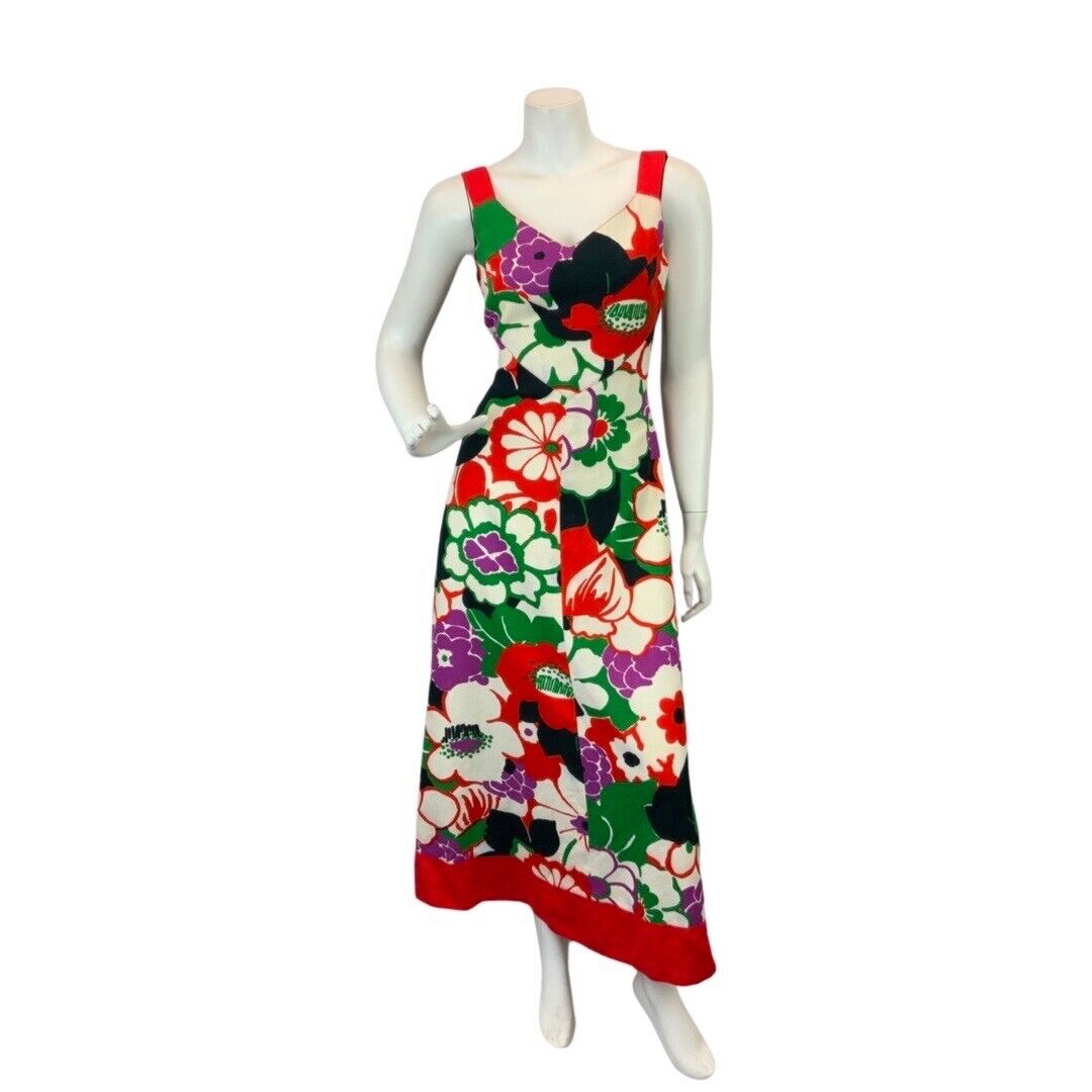 VINTAGE 60s 70s WHITE RED GREEN PSYCHEDELIC FLORAL SLEEVELESS MAXI DRESS 10