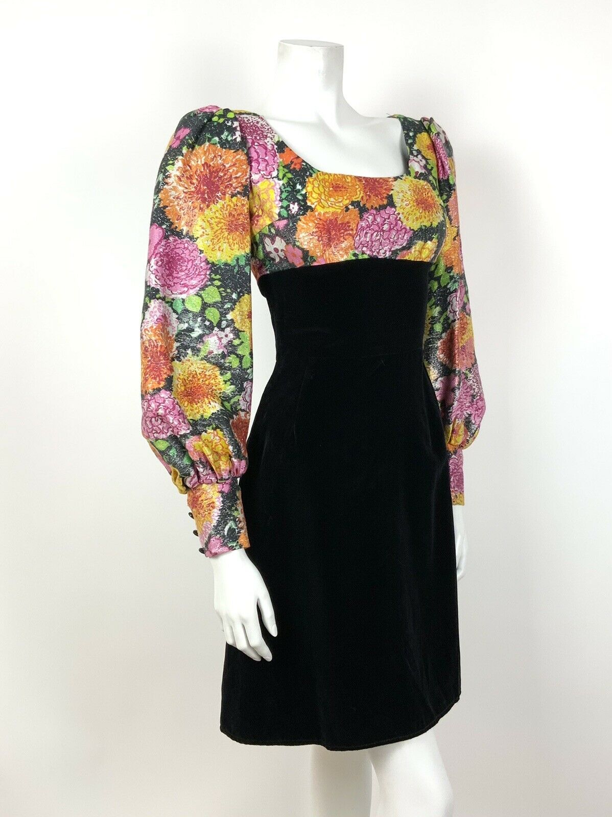 VINTAGE 60s 70s BLACK PINK ORANGE GREEN LUREX VELVET FLORAL EMPIRE LINE DRESS 8